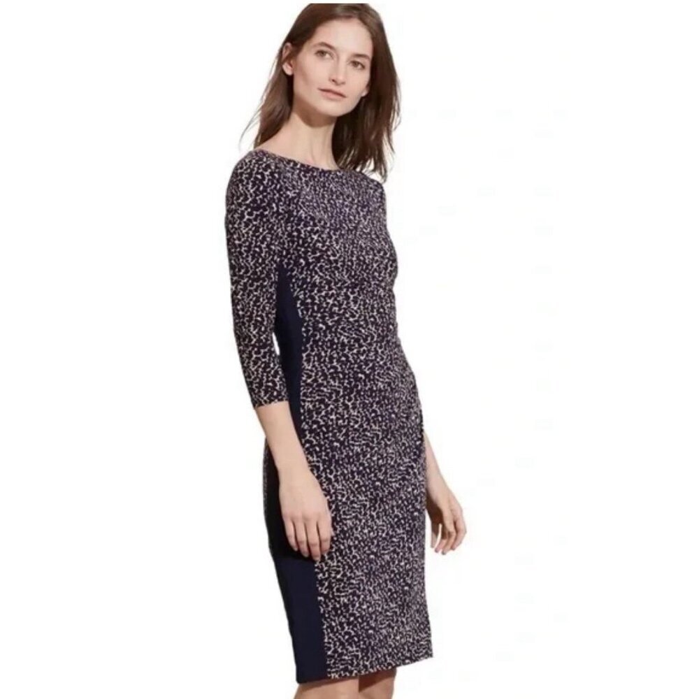 Ralph Lauren Dress Blue Tan 12 Stretch Sheath Washable 3/4 Long Sleeve NEW
